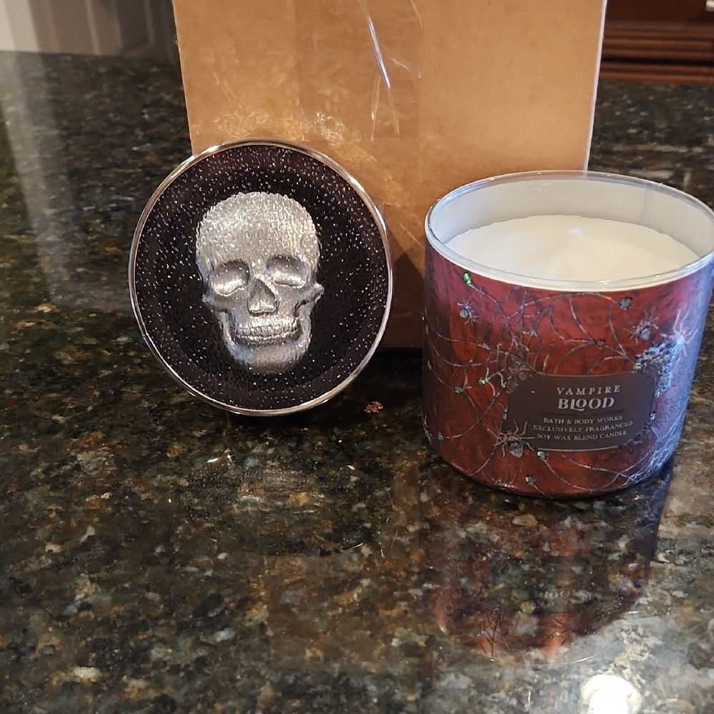 Bath & Body Works Silver Skull Candle with Red Holder